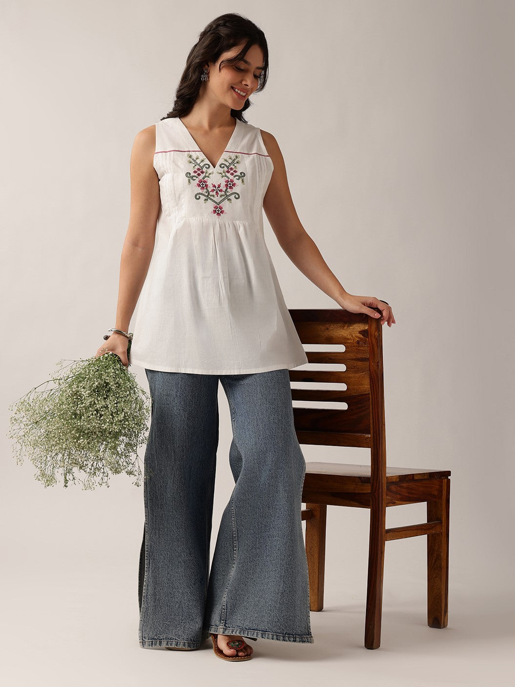 White Floral A-Line Cotton Tunic