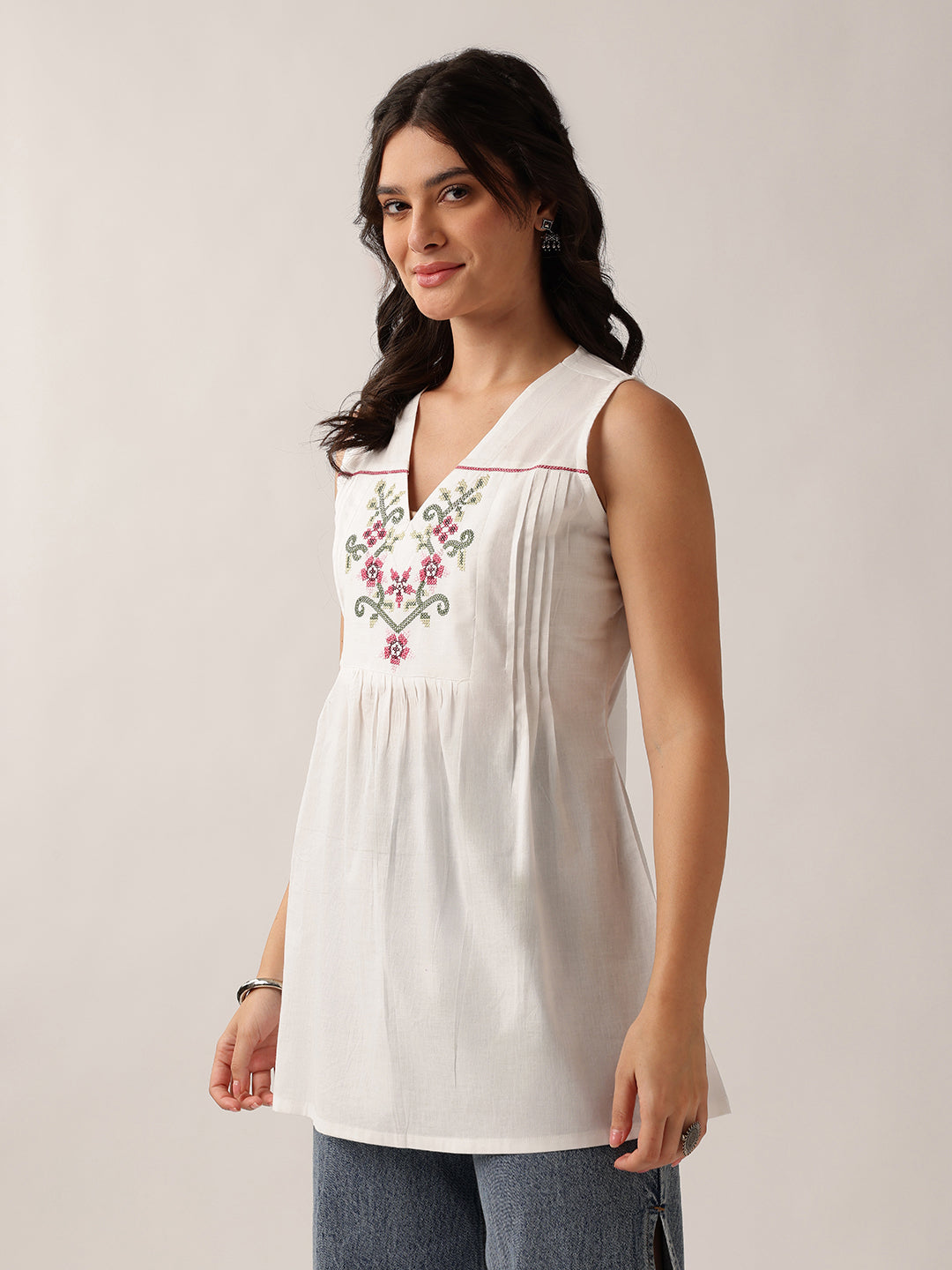 White Floral A-Line Cotton Tunic
