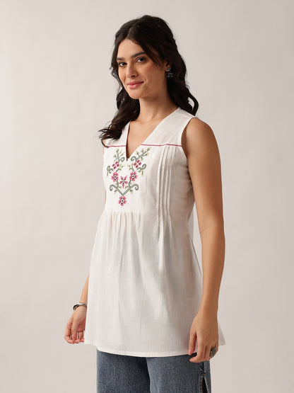 White Floral A-Line Cotton Tunic