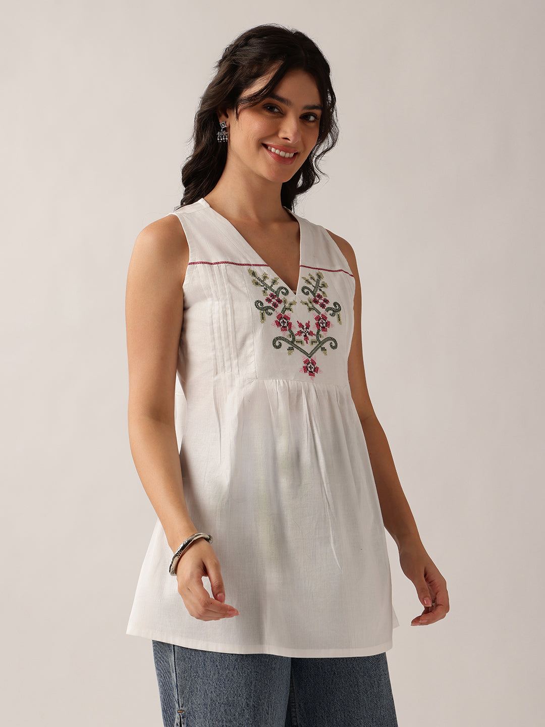 White Floral A-Line Cotton Tunic