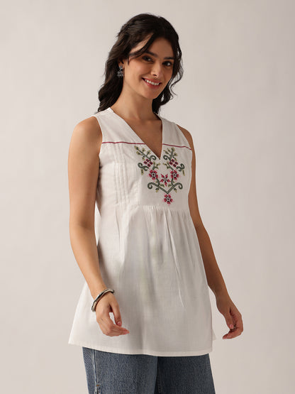 White Floral A-Line Cotton Tunic