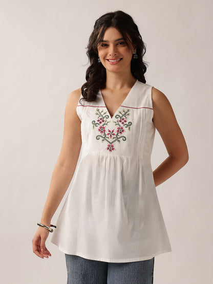 White Floral A-Line Cotton Tunic