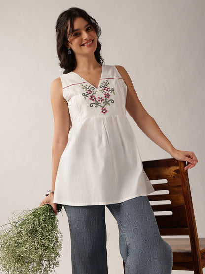 White Floral A-Line Cotton Tunic