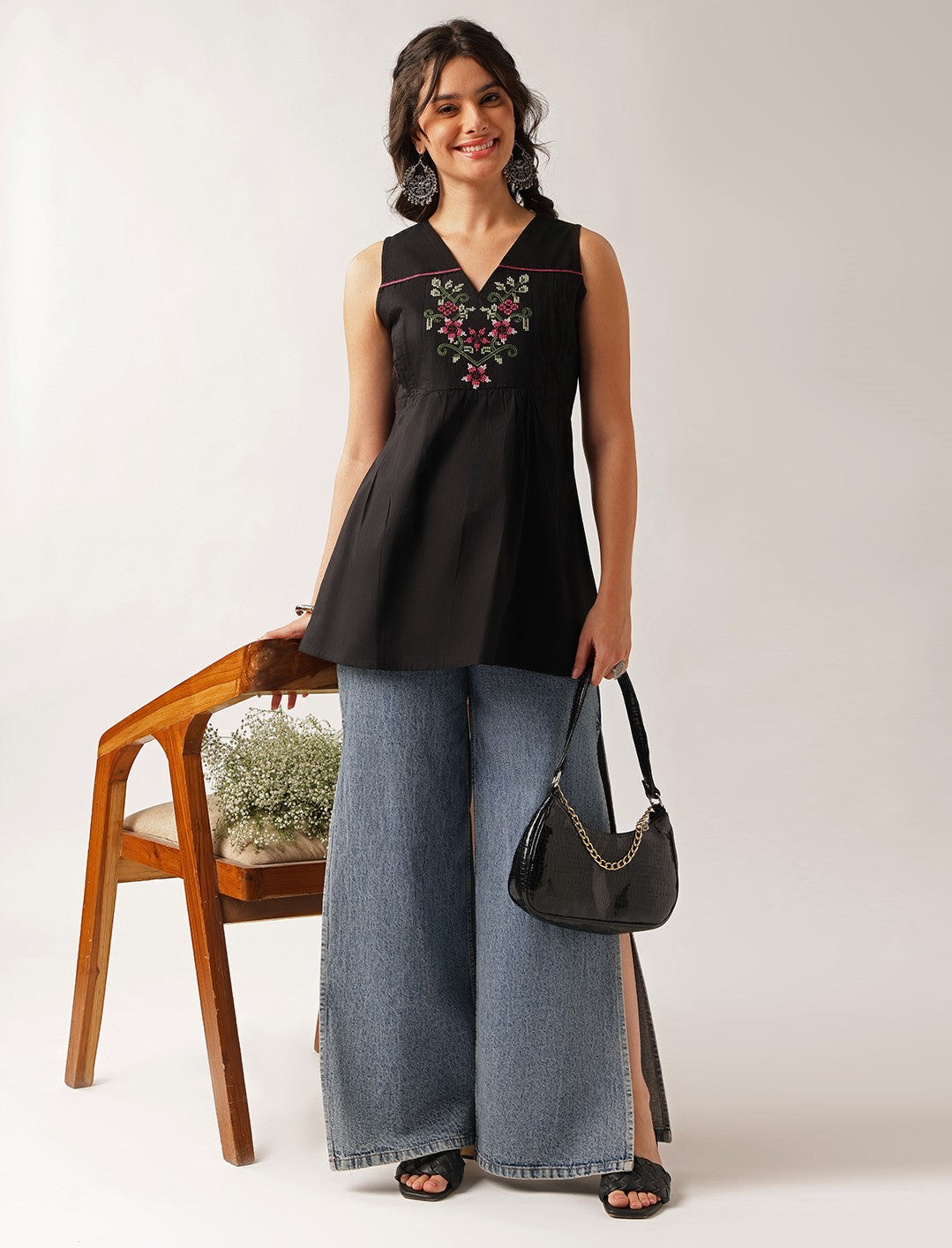 Black Floral A-Line Cotton Tunic