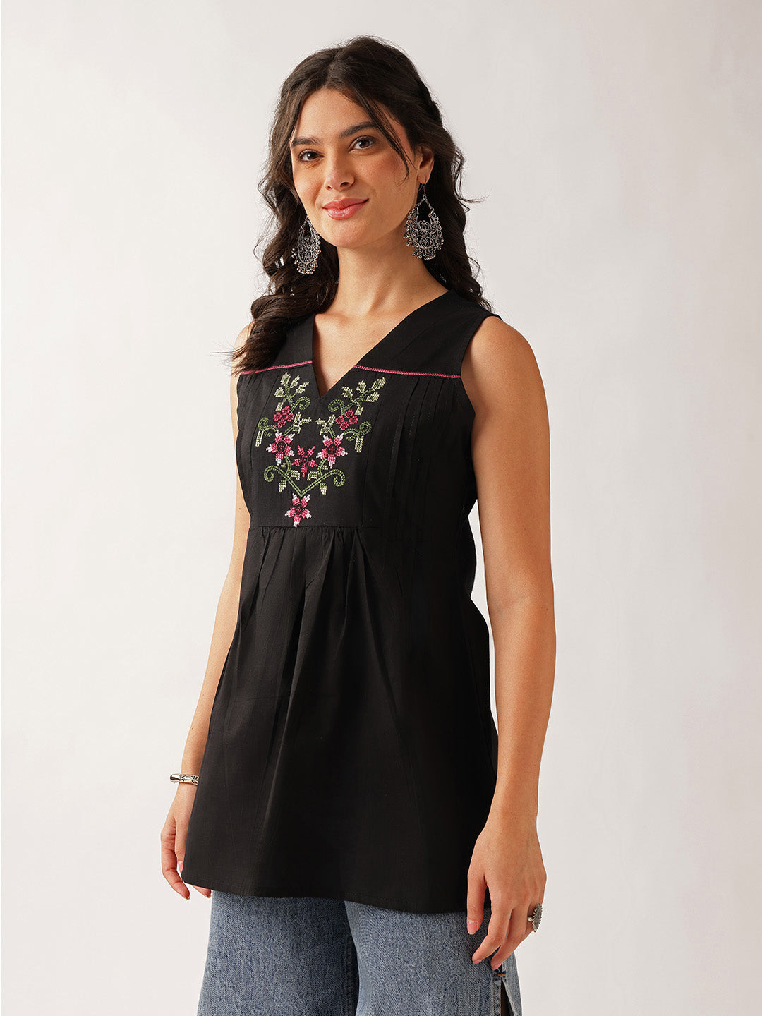 Black Floral A-Line Cotton Tunic