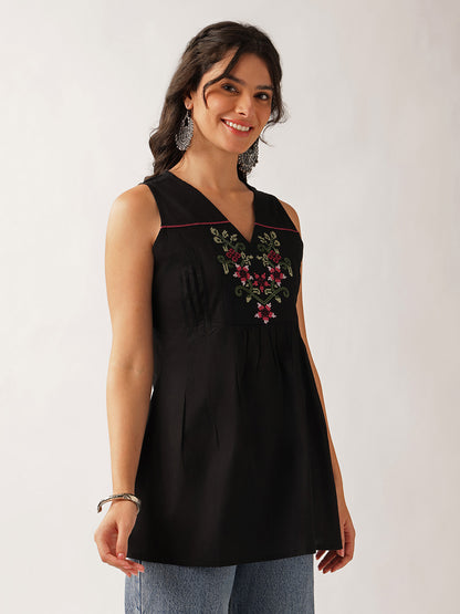 Black Floral A-Line Cotton Tunic