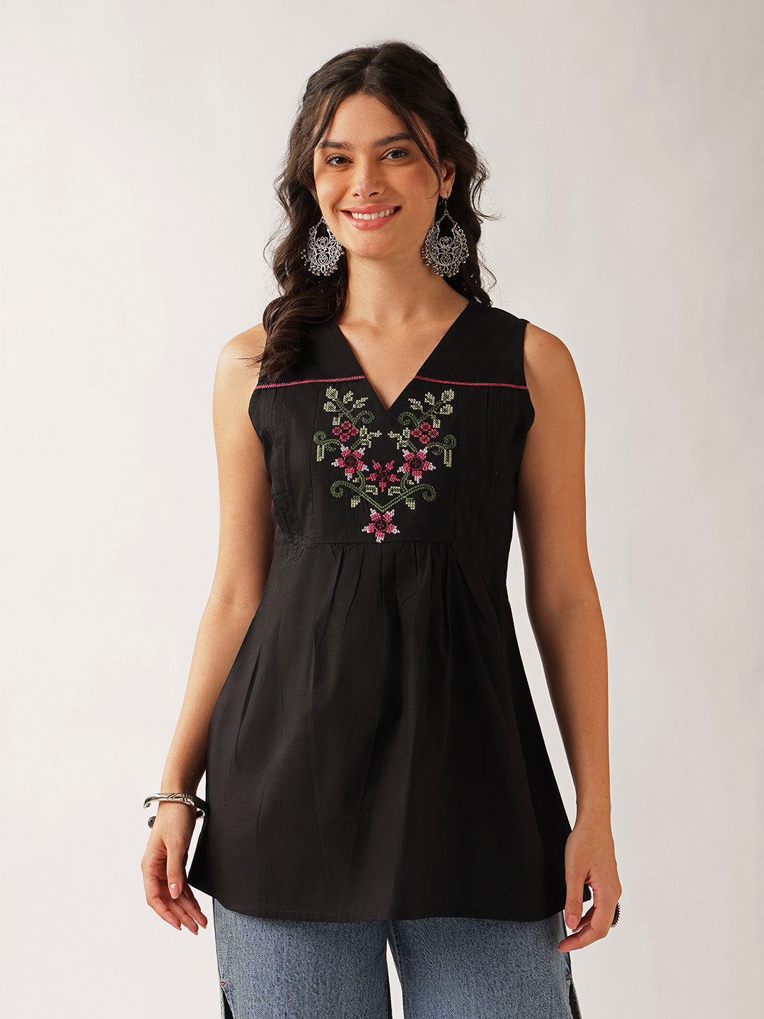 Black Floral A-Line Cotton Tunic
