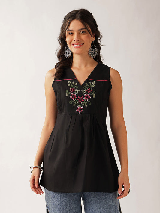 Black Floral A-Line Cotton Tunic