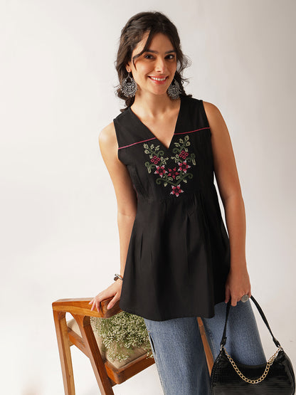 Black Floral A-Line Cotton Tunic