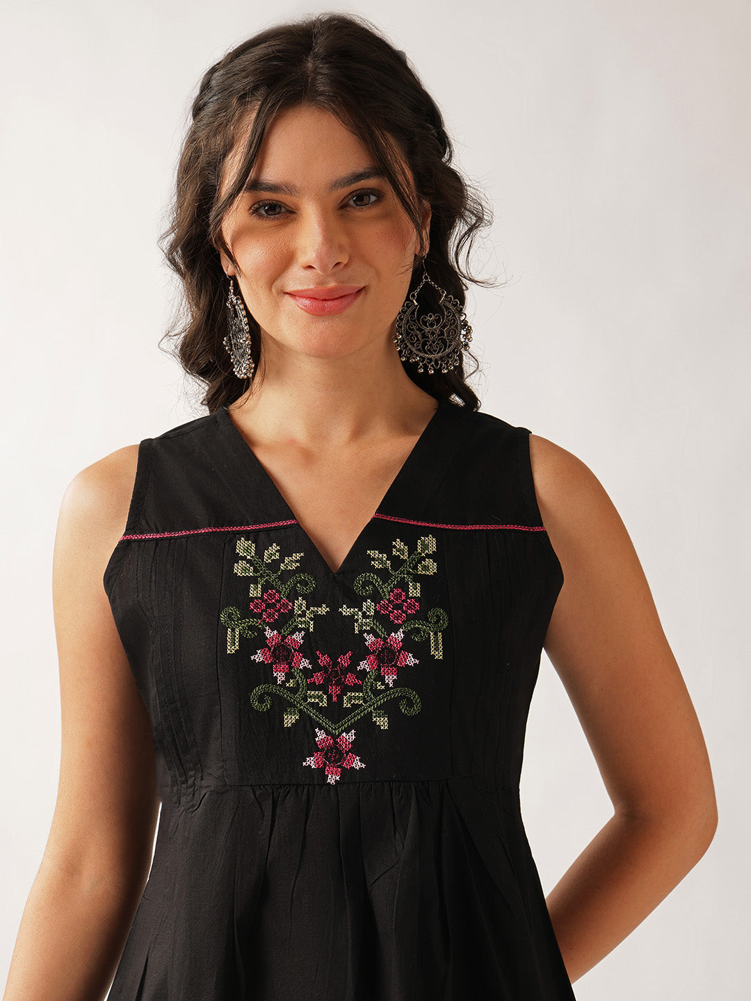 Black Floral A-Line Cotton Tunic