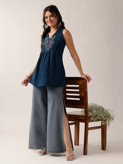 Teal Floral A-Line Cotton Tunic