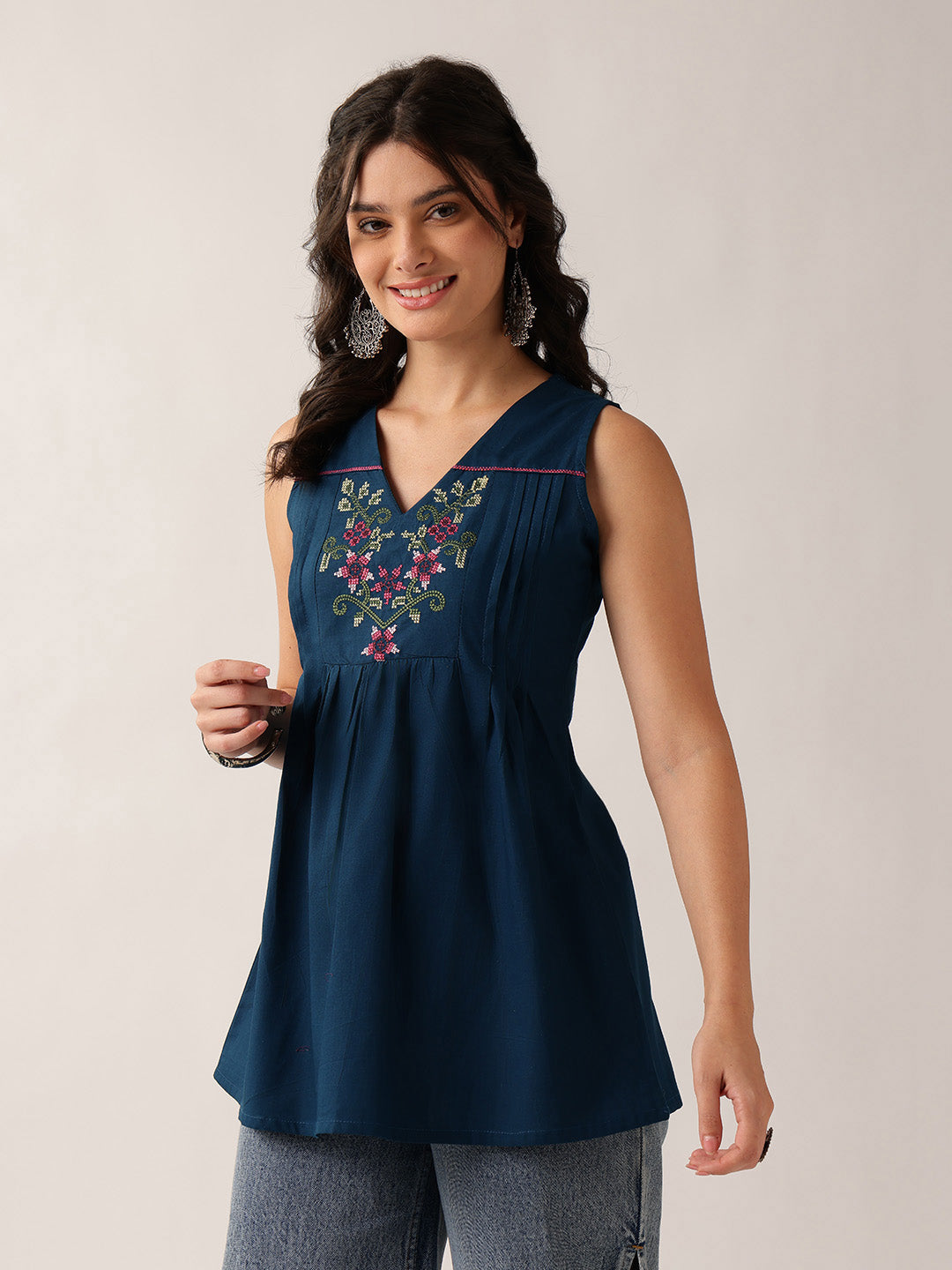 Teal Floral A-Line Cotton Tunic