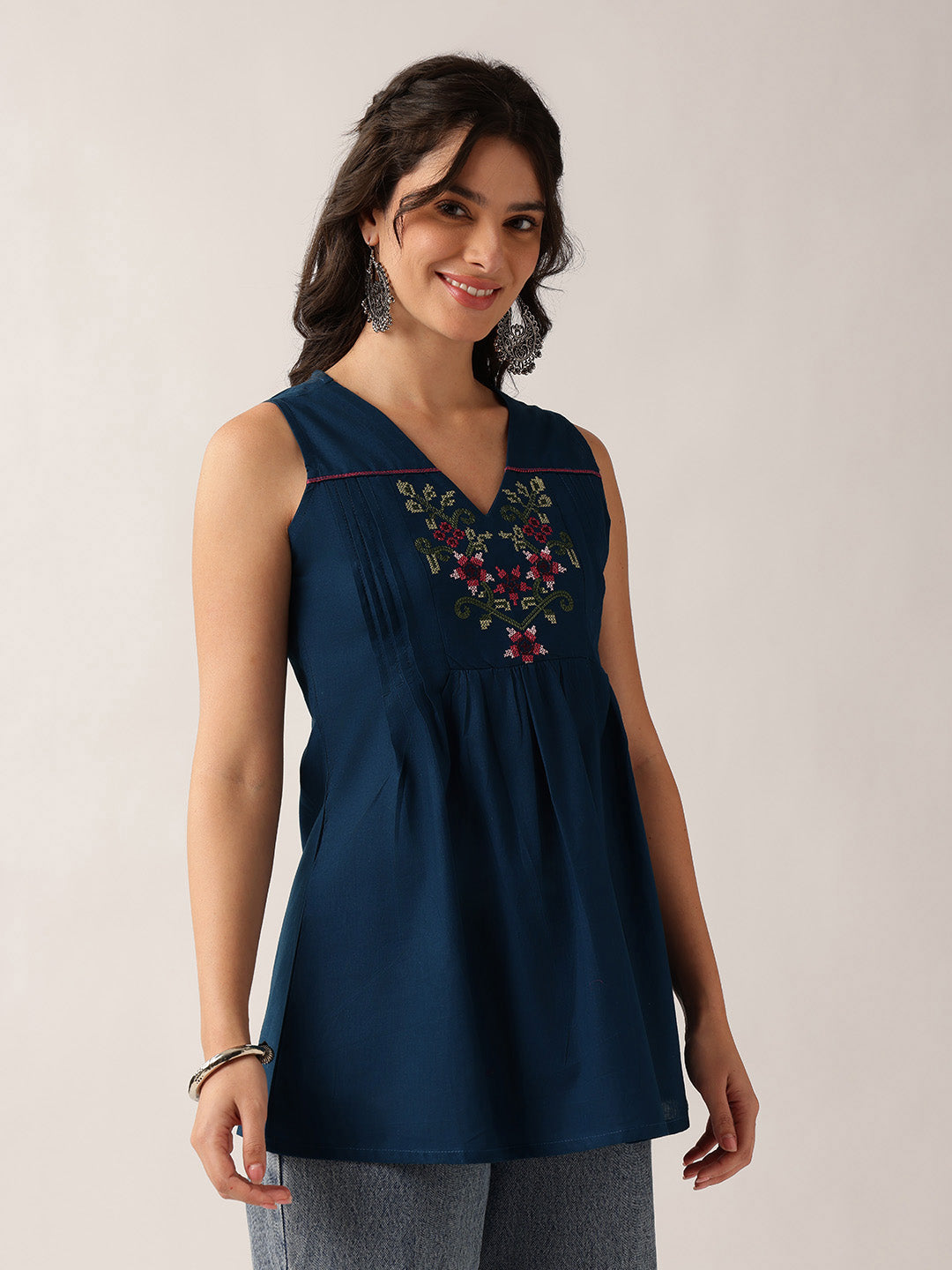 Teal Floral A-Line Cotton Tunic