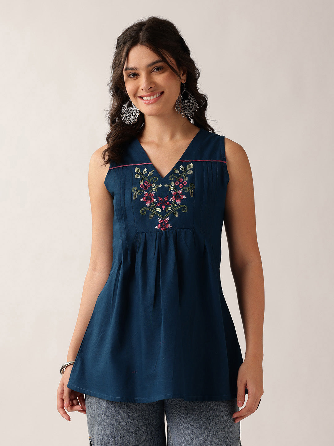 Teal Floral A-Line Cotton Tunic