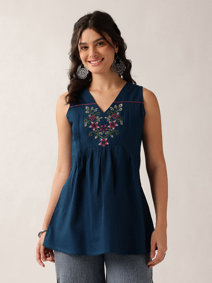 Teal Floral A-Line Cotton Tunic