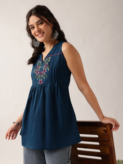 Teal Floral A-Line Cotton Tunic