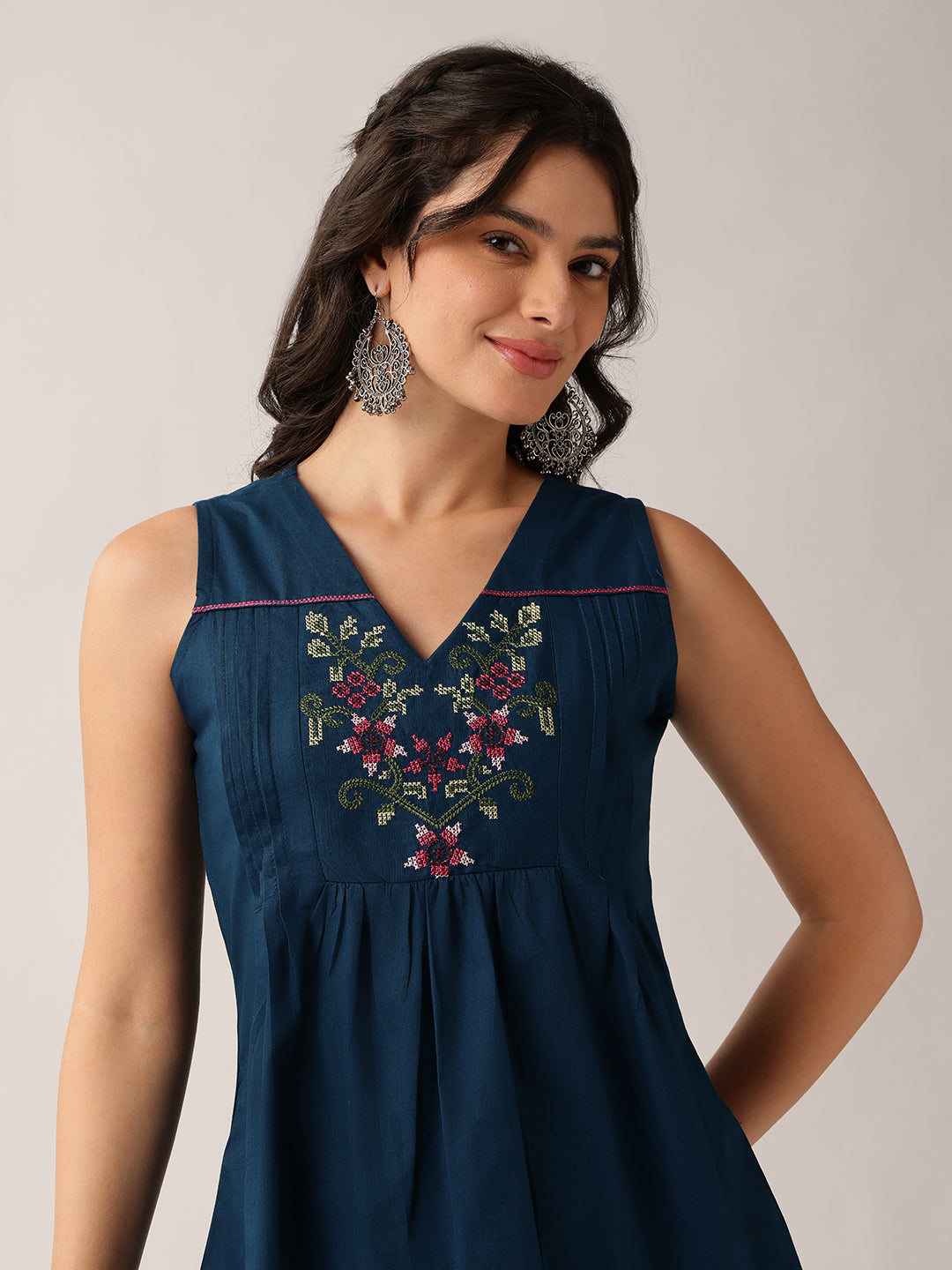 Teal Floral A-Line Cotton Tunic
