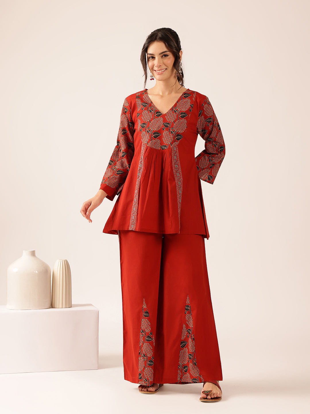 Maroon Yoke Design Flared Cotton Stitched Co-Ord Set