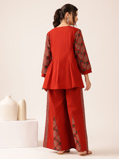 Maroon Yoke Design Flared Cotton Stitched Co-Ord Set