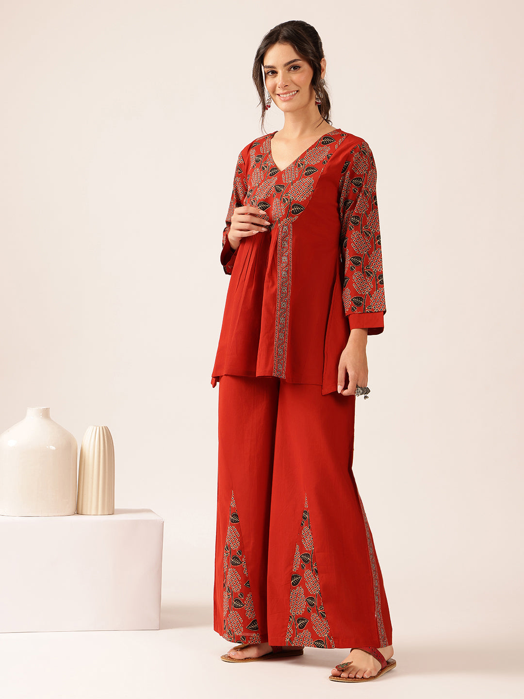 Maroon Yoke Design Flared Cotton Stitched Co-Ord Set