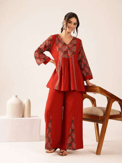 Maroon Yoke Design Flared Cotton Stitched Co-Ord Set