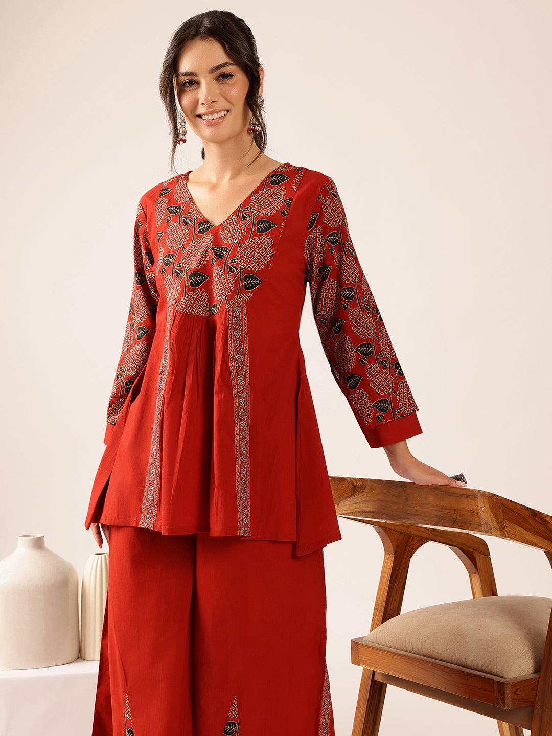 Maroon Yoke Design Flared Cotton Stitched Co-Ord Set