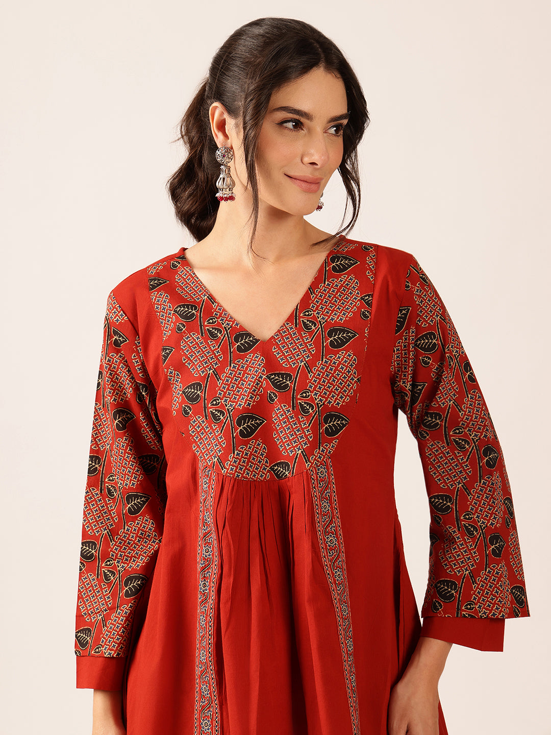 Maroon Yoke Design Flared Cotton Stitched Co-Ord Set