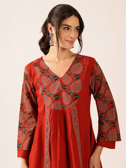 Maroon Yoke Design Flared Cotton Stitched Co-Ord Set