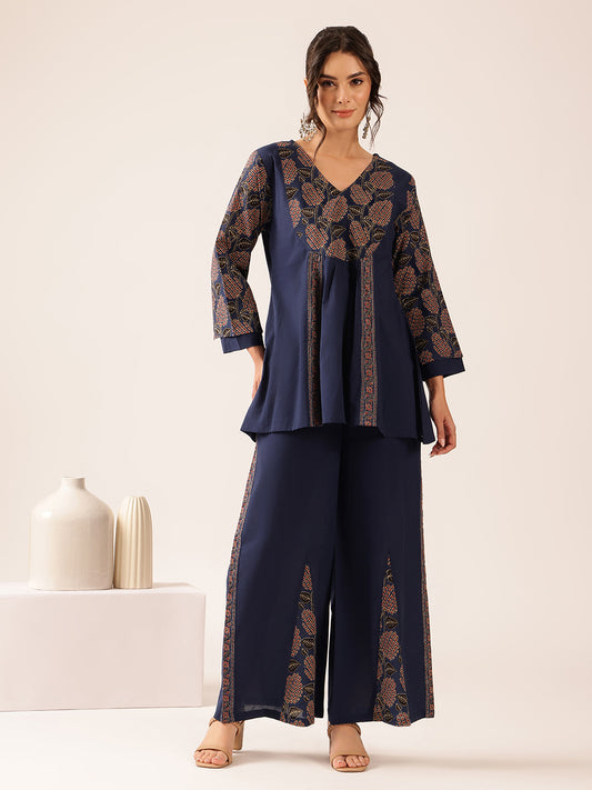 Navy Blue Yoke Design A-Line Cotton Stitched Co-Ord Set