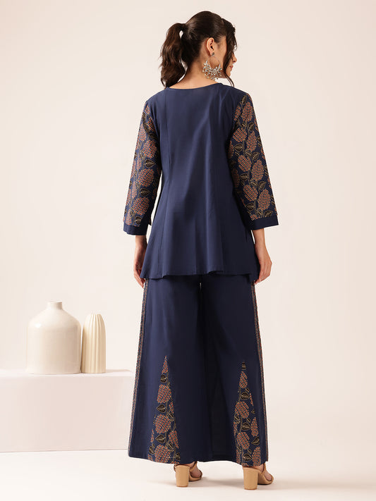 Navy Blue Yoke Design A-Line Cotton Stitched Co-Ord Set