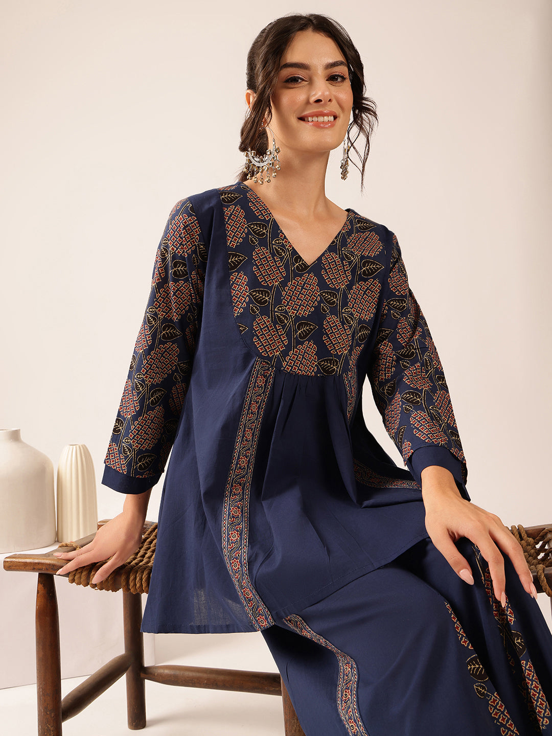 Navy Blue Yoke Design A-Line Cotton Stitched Co-Ord Set