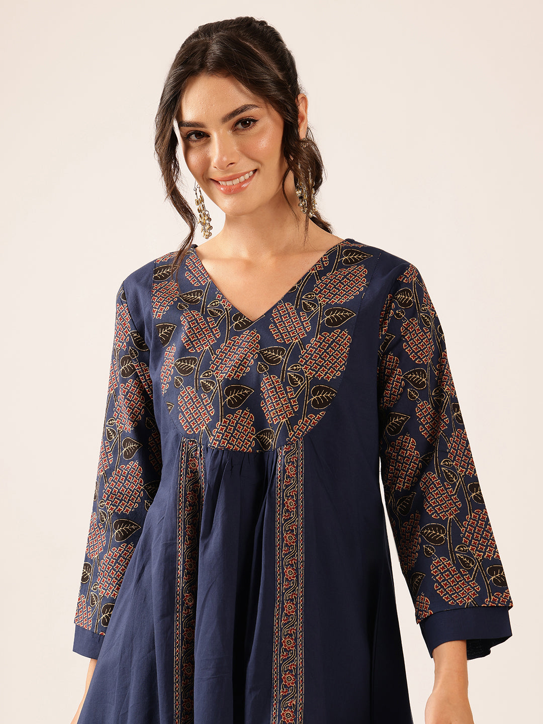Navy Blue Yoke Design A-Line Cotton Stitched Co-Ord Set
