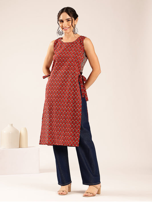 Maroon Ajrakh Straight Cotton Stitched Kurta
