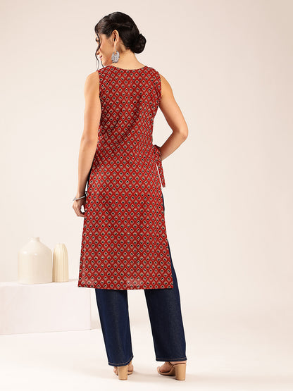 Maroon Ajrakh Straight Cotton Stitched Kurta