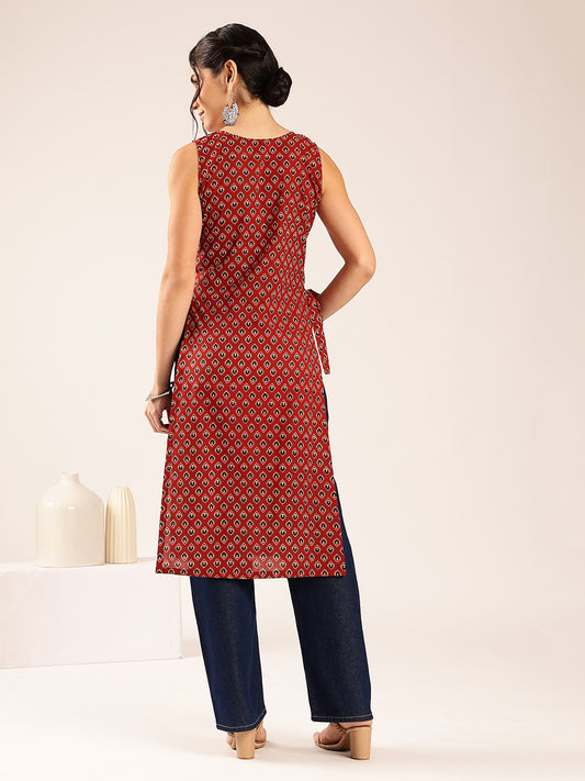 Maroon Ajrakh Straight Cotton Stitched Kurta