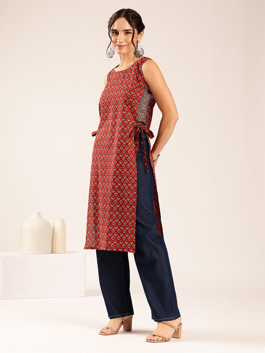 Maroon Ajrakh Straight Cotton Stitched Kurta