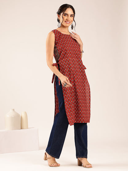 Maroon Ajrakh Straight Cotton Stitched Kurta
