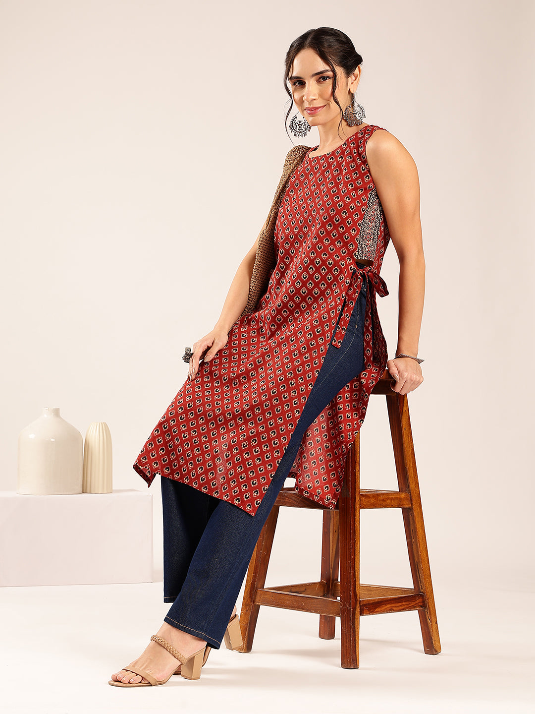 Maroon Ajrakh Straight Cotton Stitched Kurta
