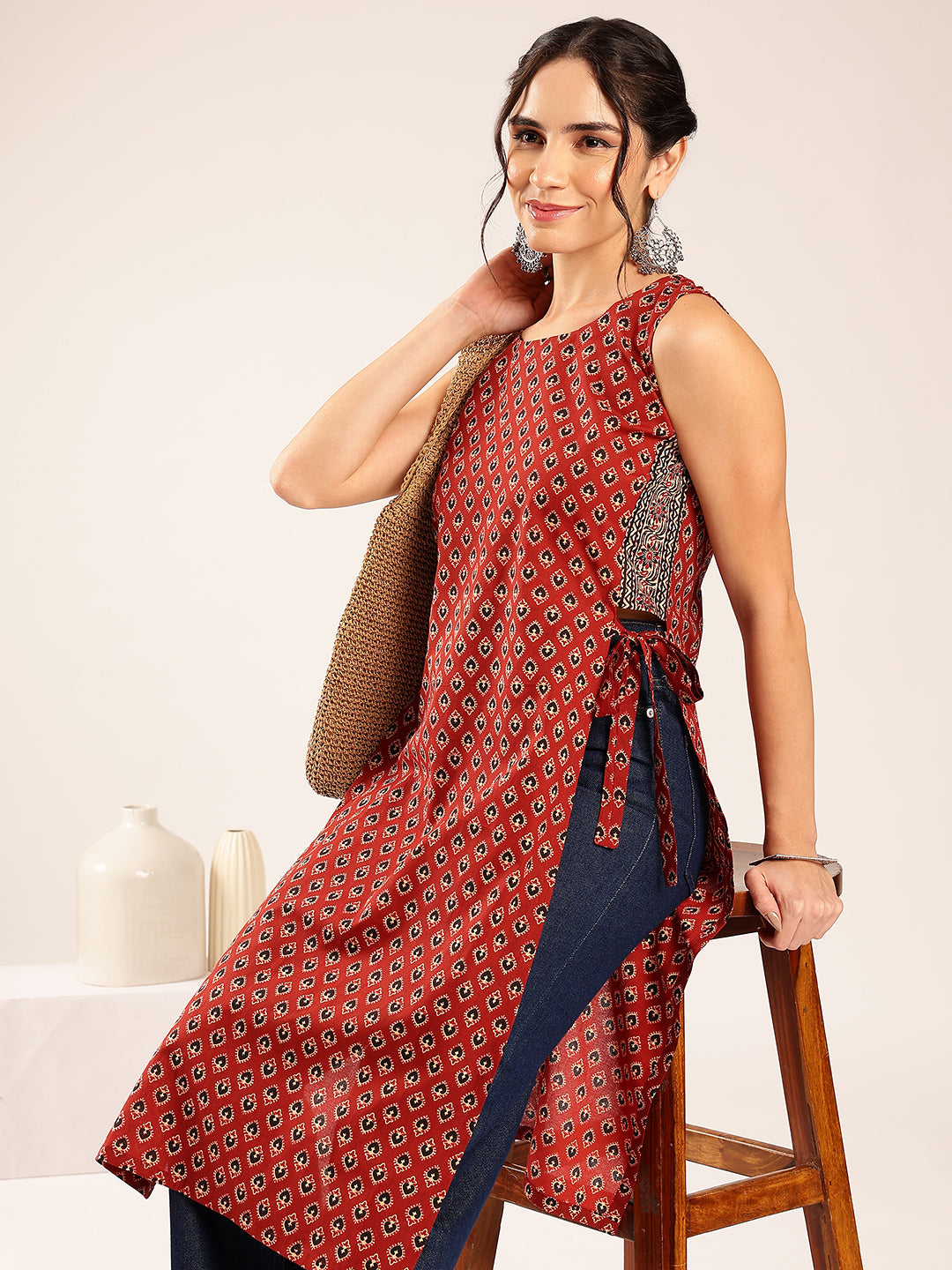 Maroon Ajrakh Straight Cotton Stitched Kurta