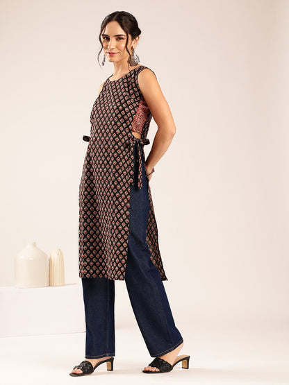 Black Ajrakh Straight Cotton Stitched Kurta