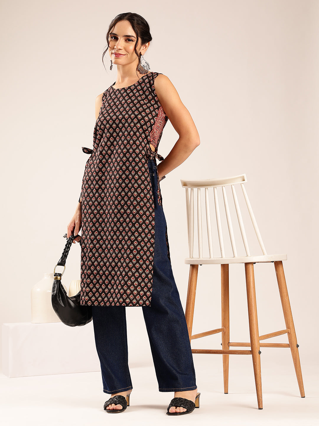 Black Ajrakh Straight Cotton Stitched Kurta