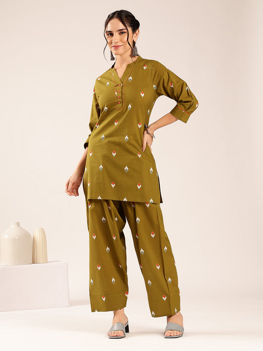 Olive Green  Ikkat  Straight Cotton Stitched Kurti With Palazzo