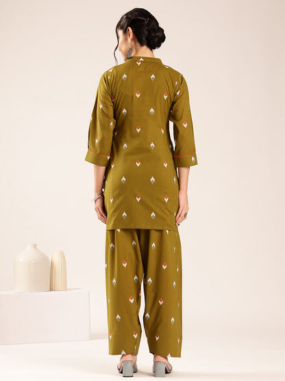 Olive Green  Ikkat  Straight Cotton Stitched Kurti With Palazzo