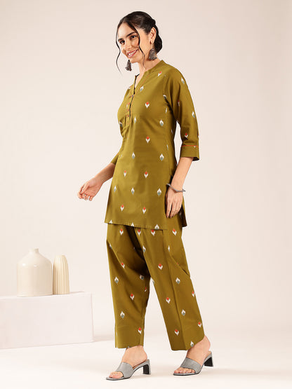 Olive Green  Ikkat  Straight Cotton Stitched Kurti With Palazzo