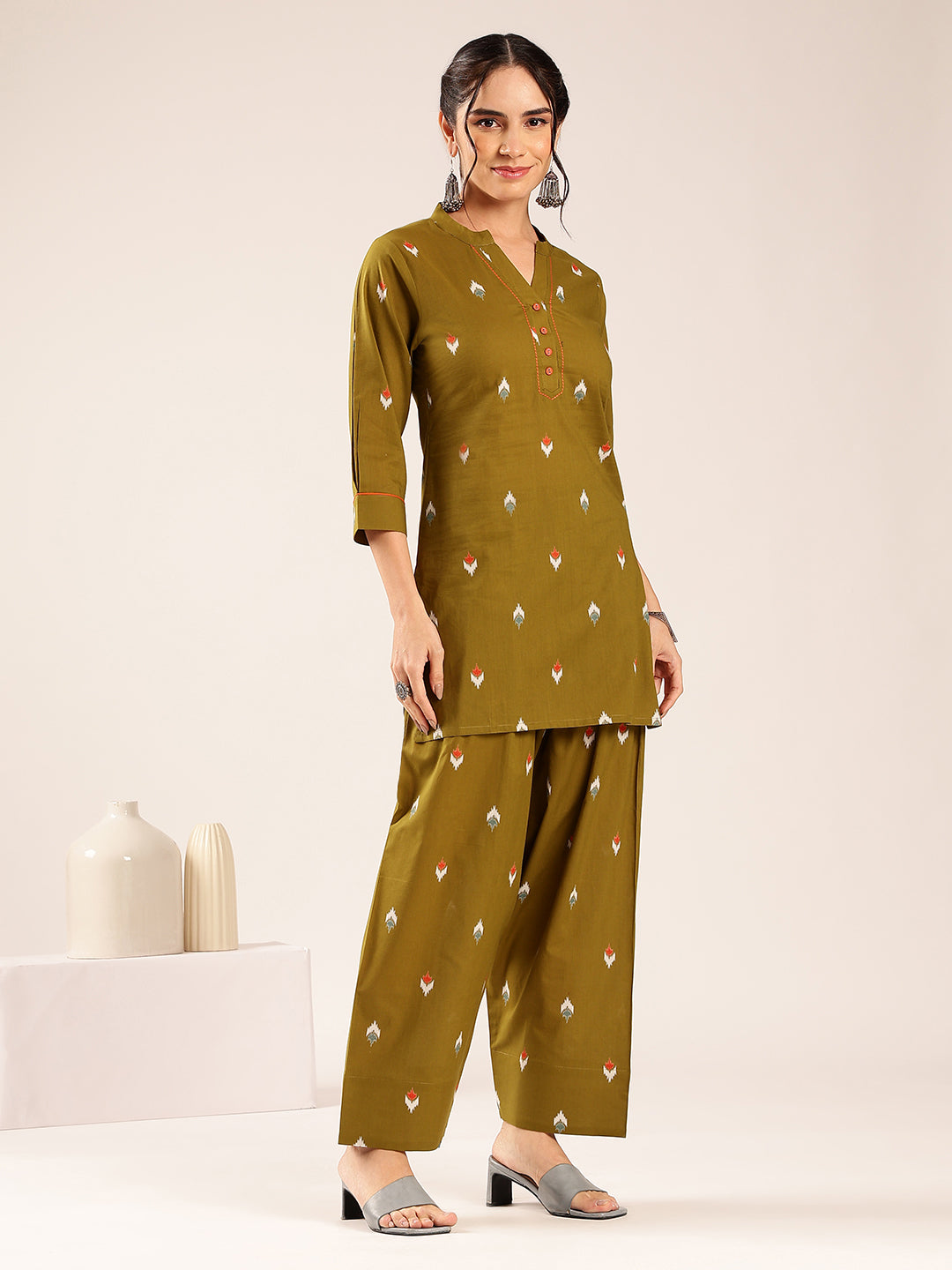 Olive Green  Ikkat  Straight Cotton Stitched Kurti With Palazzo