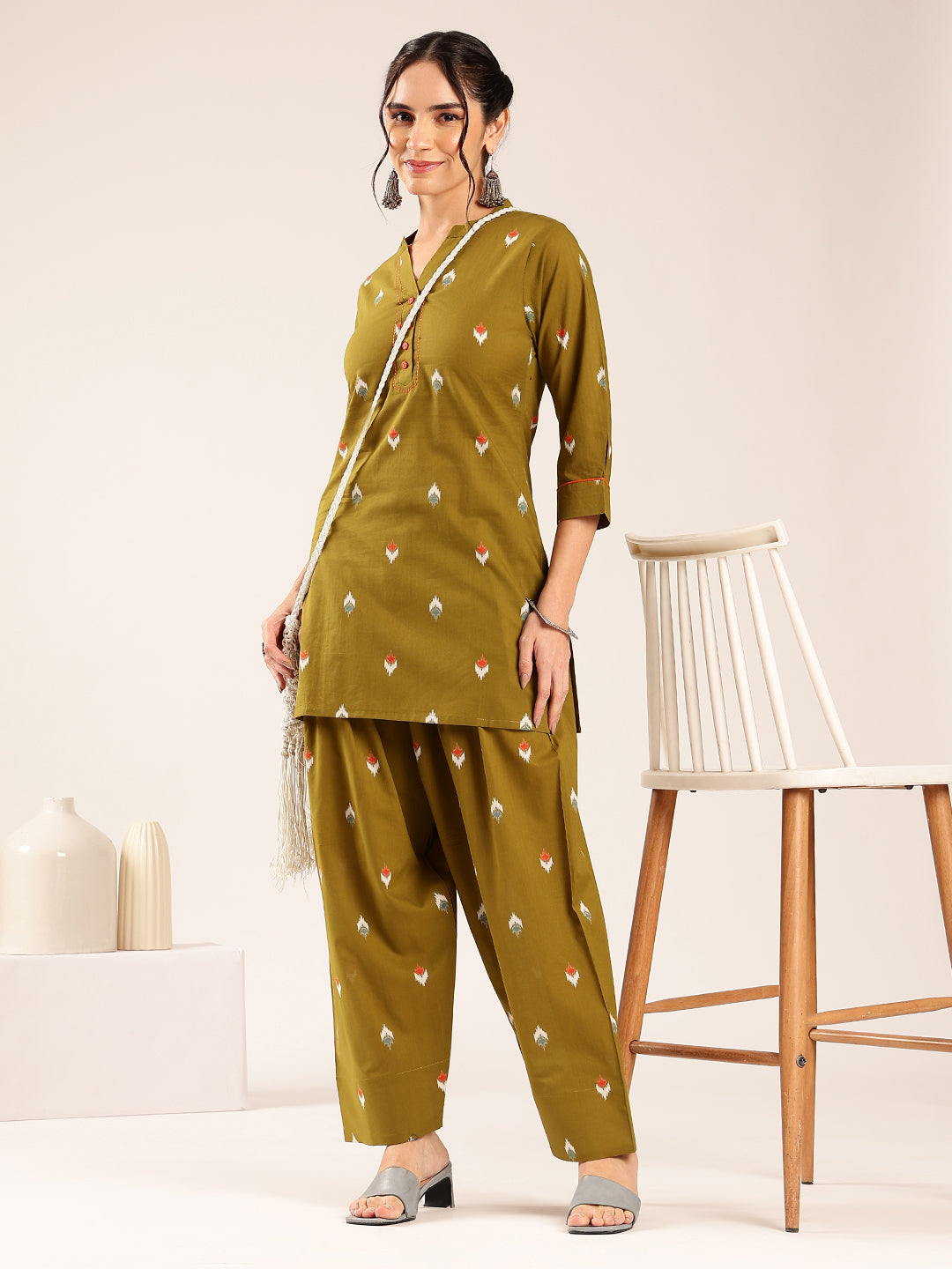Olive Green  Ikkat  Straight Cotton Stitched Kurti With Palazzo