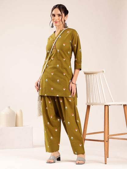 Olive Green  Ikkat  Straight Cotton Stitched Kurti With Palazzo
