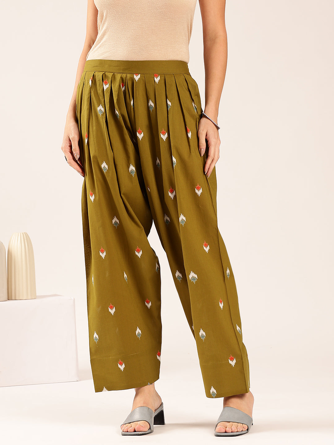 Olive Green  Ikkat  Straight Cotton Stitched Kurti With Palazzo