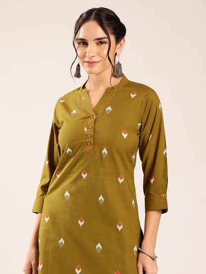 Olive Green  Ikkat  Straight Cotton Stitched Kurti With Palazzo