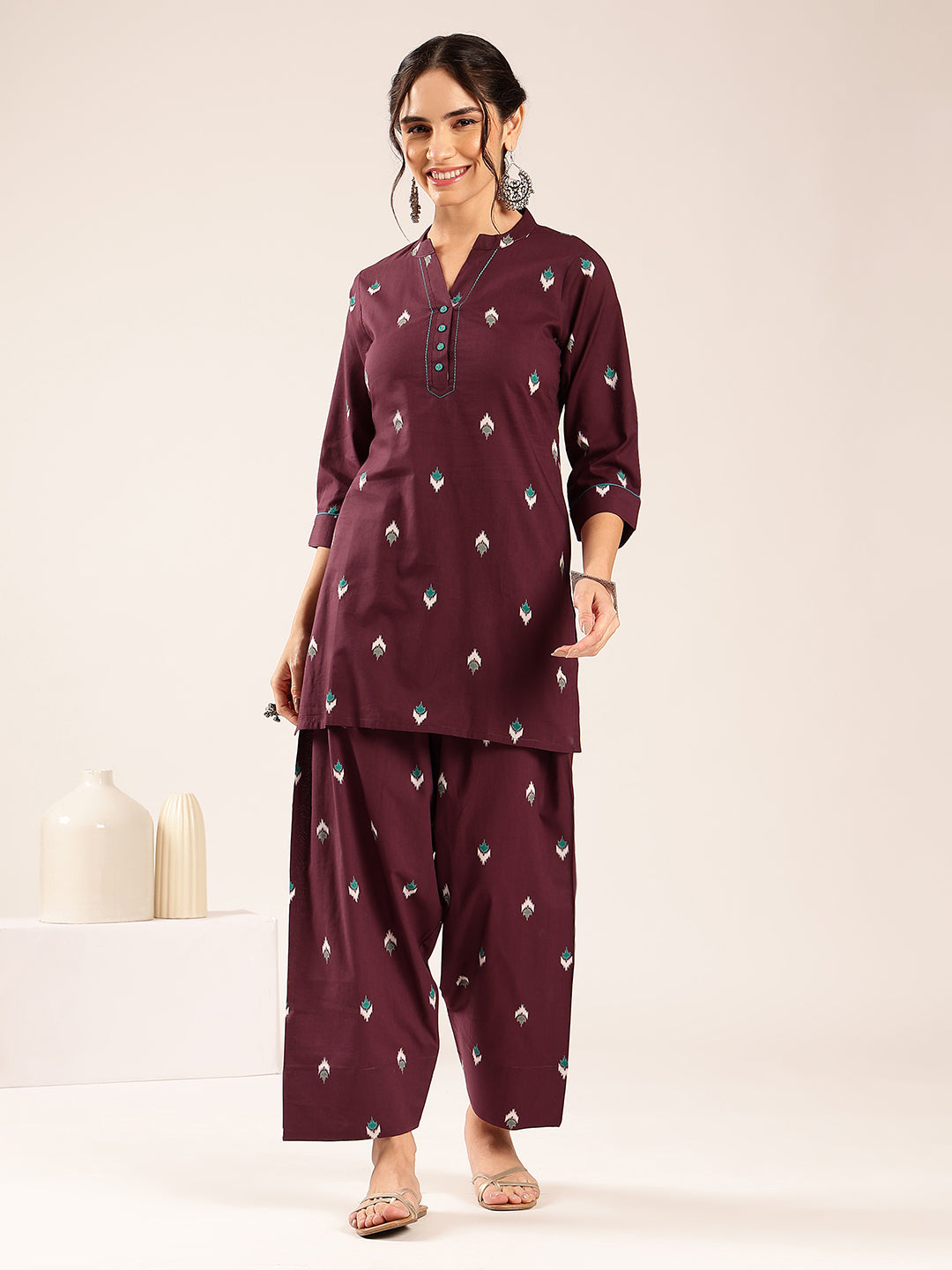 Dark Purple Ikkat Straight Cotton Stitched Kurti With Palazzo